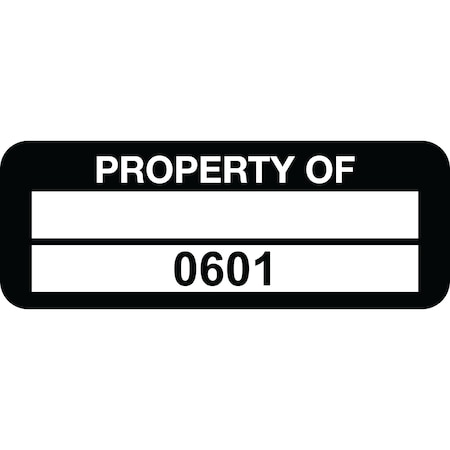Lustre-Cal Property ID Label PROPERTY OF Polyester Blk 2in x 0.75in 1 Blank Pad&Serialized 0601-0700, 100PK 253744Pe2K0601